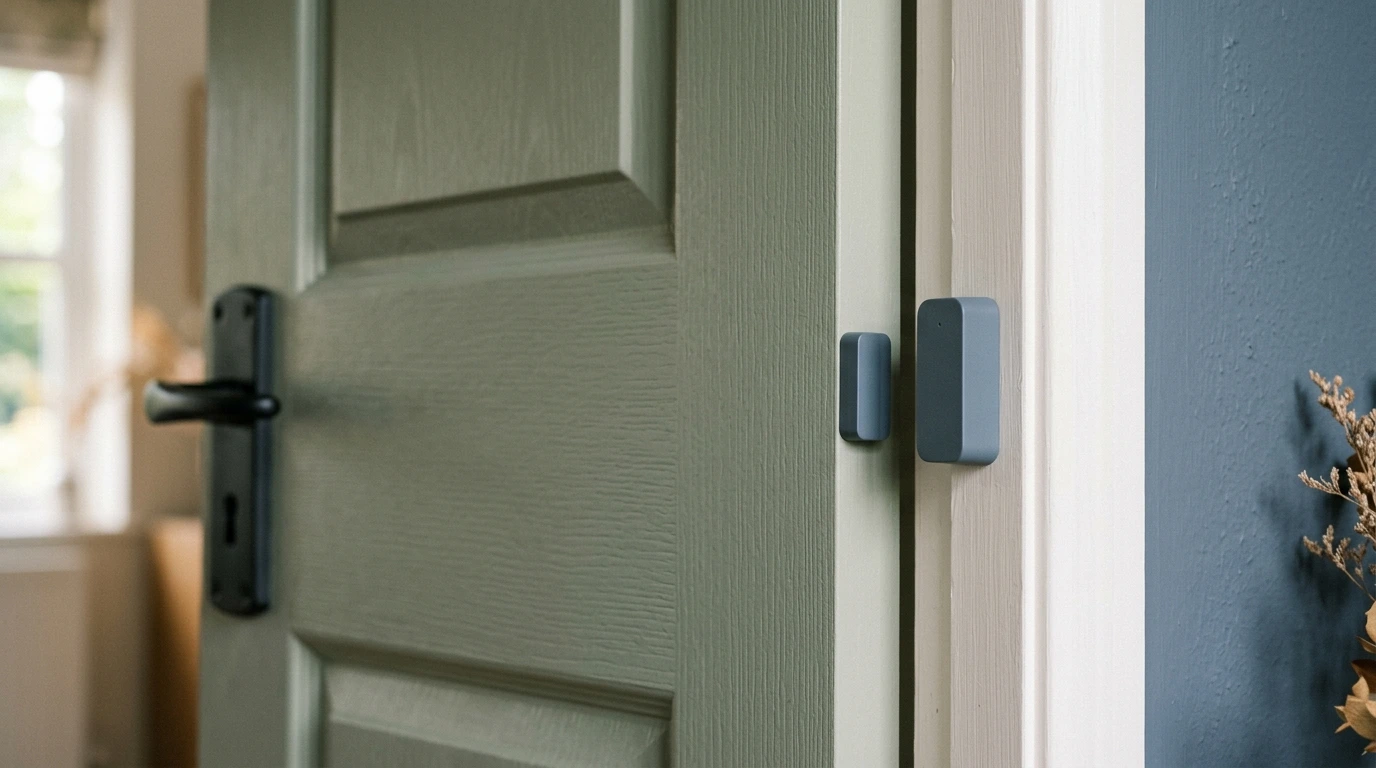Détecteur d'ouverture posé sur une porte d'entrée
