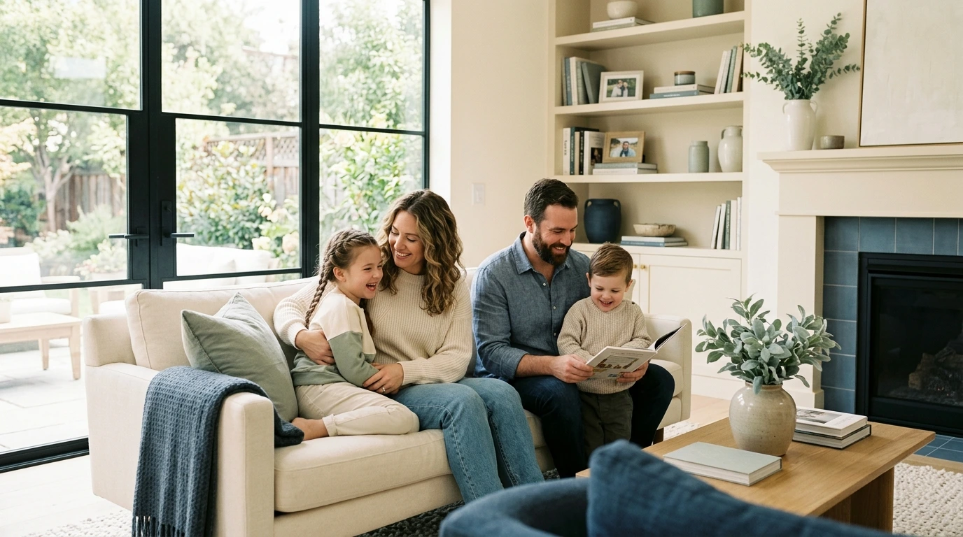 Famille heureuse et sereine dans sa maison protégée