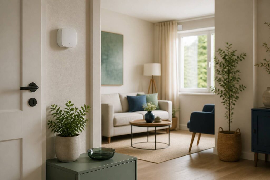 Boîtier d'alarme blanc mural dans un appartement lumineux