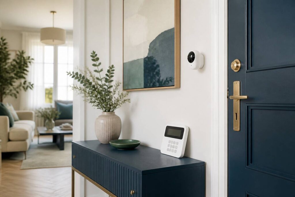 Intérieur parisien avec clavier d'alarme générique et caméra discrète