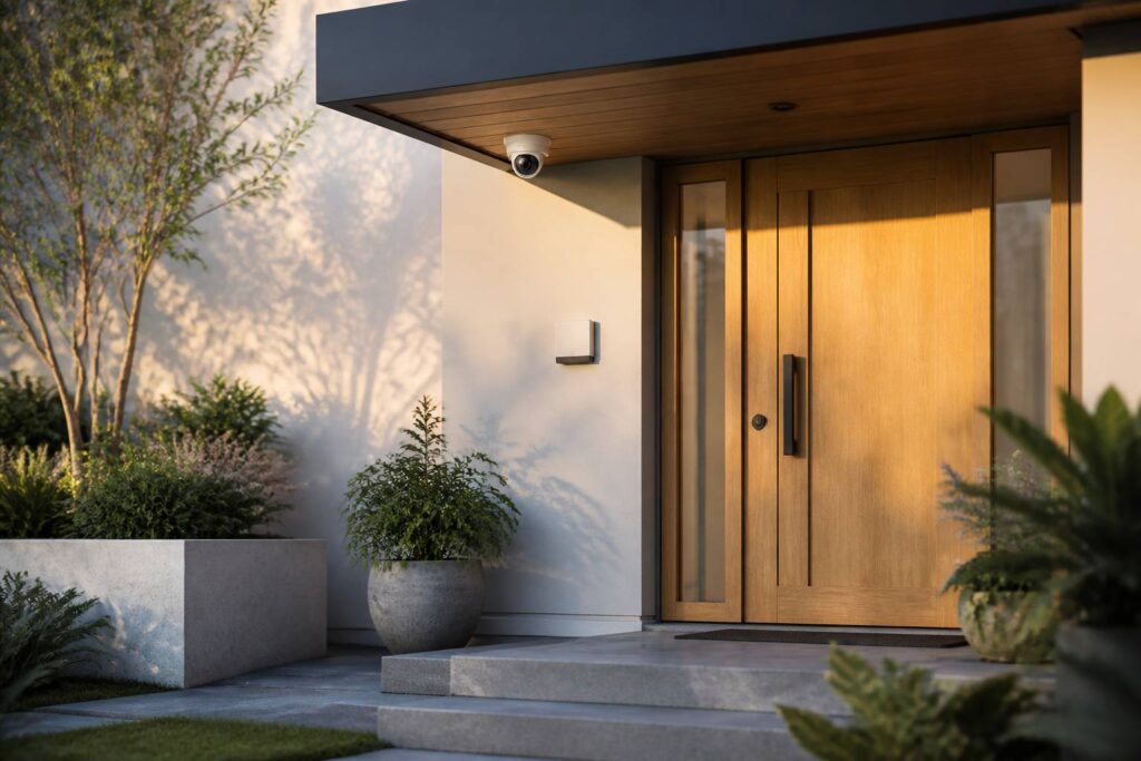 Entrée de maison moderne avec caméra de surveillance extérieure et pavé de commande