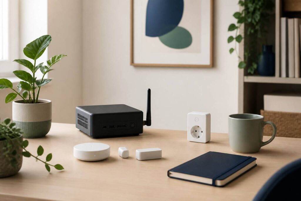 Antenne USB Z-Wave connectée à un mini-PC dans un bureau domestique clair et chaleureux