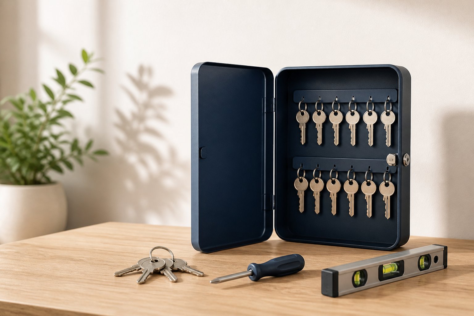Coffret à clés ouvert sur table en bois avec clés rangées sur crochets