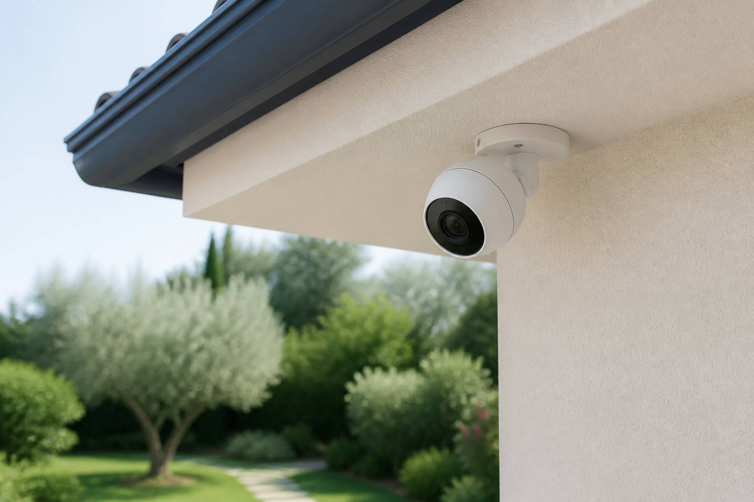 Caméra de surveillance extérieure blanche fixée sous une avancée de toit