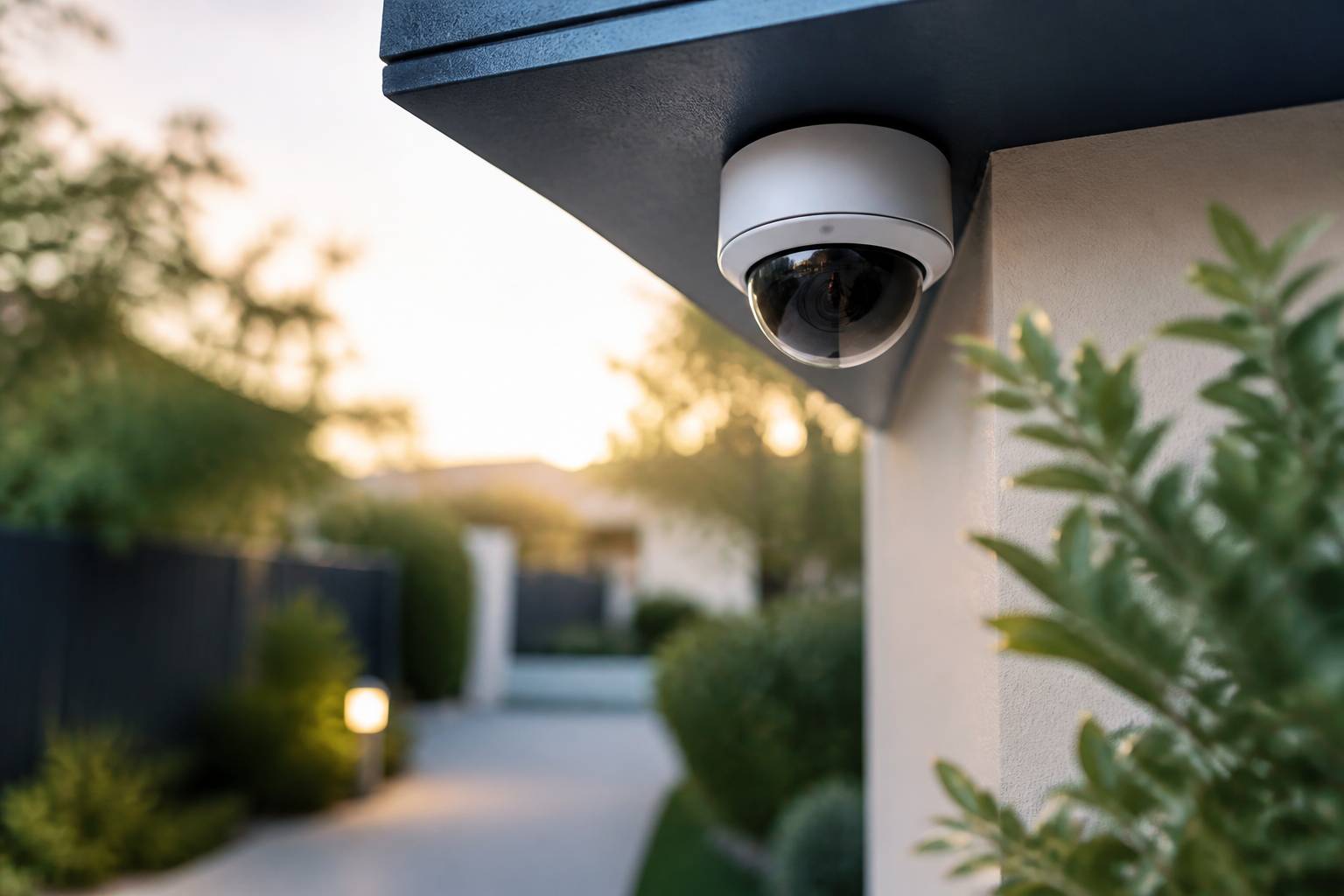 Caméra de surveillance orientée vers une allée de jardin