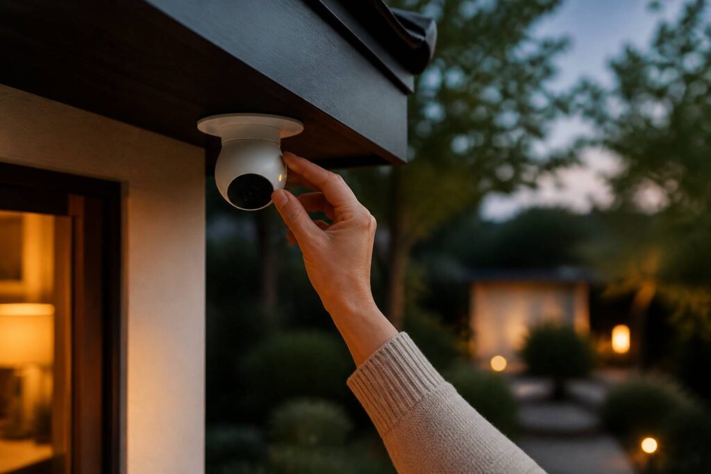Caméra de surveillance sous l'avant-toit d'une maison au crépuscule