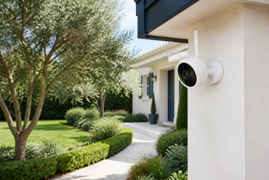 Caméra de surveillance sans fil fixée à la façade d'une maison