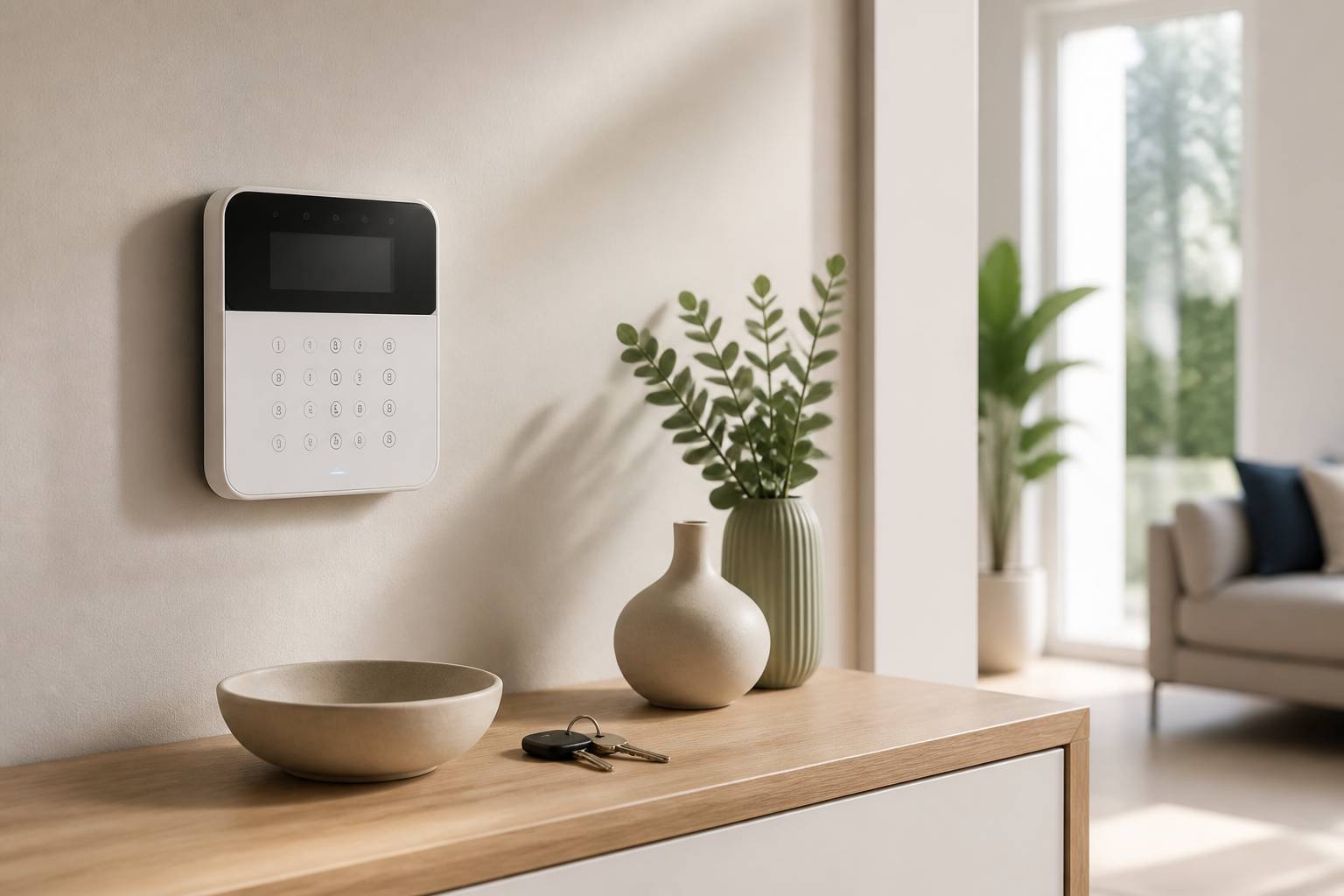 Clavier de système d'alarme fixé au mur d'une entrée lumineuse