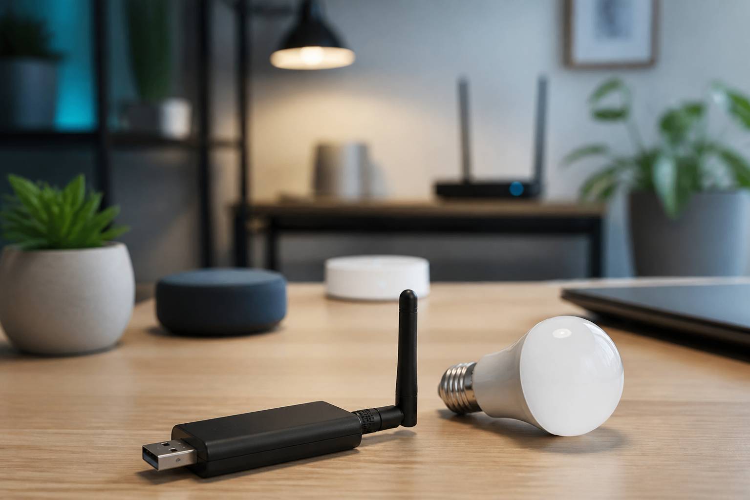 Contrôleur Zigbee USB avec son antenne et une ampoule connectée