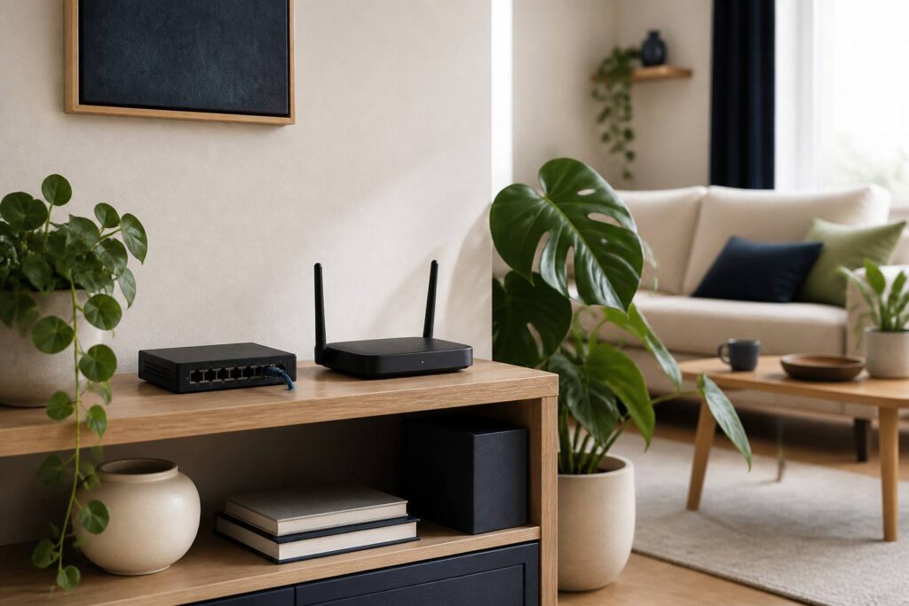Boîtier réseau générique sur une étagère avec câble ethernet et plantes