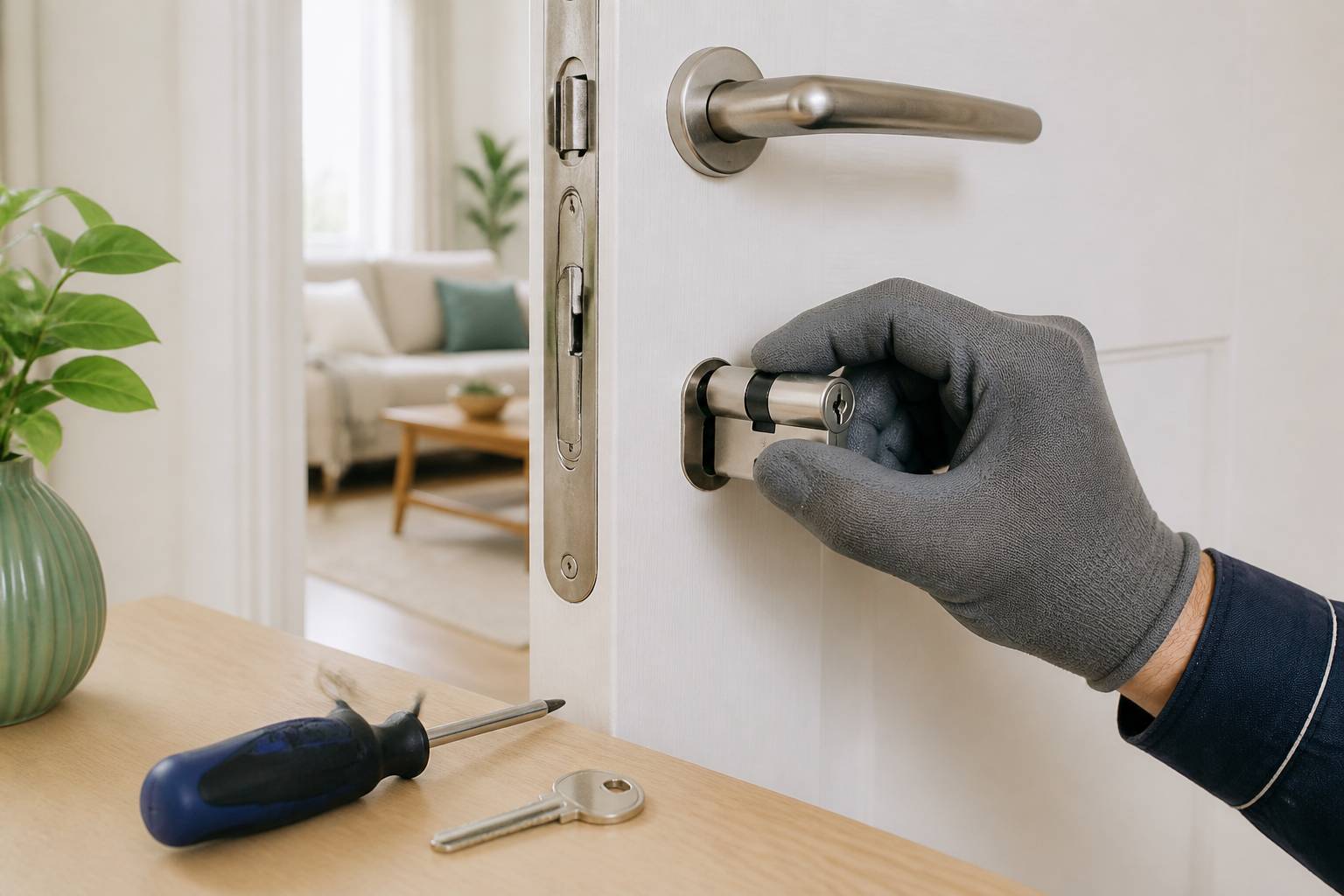 Main gantée inspectant un cylindre de serrure européen sur une porte