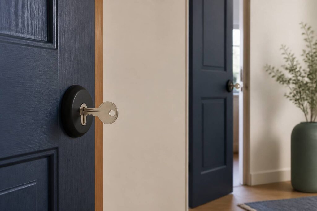 Porte d'entrée en bois avec cylindre de serrure et clé insérée