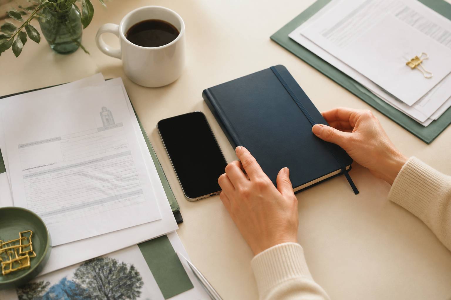 Mains avec téléphone et documents d'assurance sur une table
