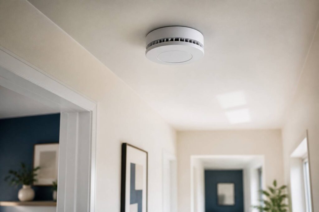 Détecteur de fumée blanc fixé au plafond d'un couloir lumineux