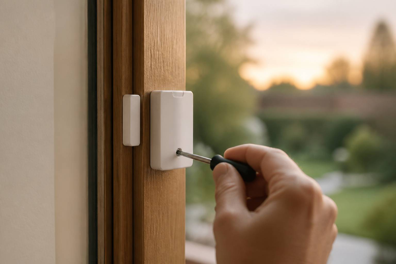 Détecteur d'ouverture fixé sur une fenêtre en bois