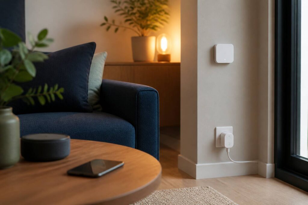 Salon moderne avec équipements de maison connectée et ampoule allumée
