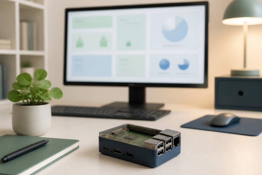Raspberry Pi posé près d'un écran de tableau de bord domotique