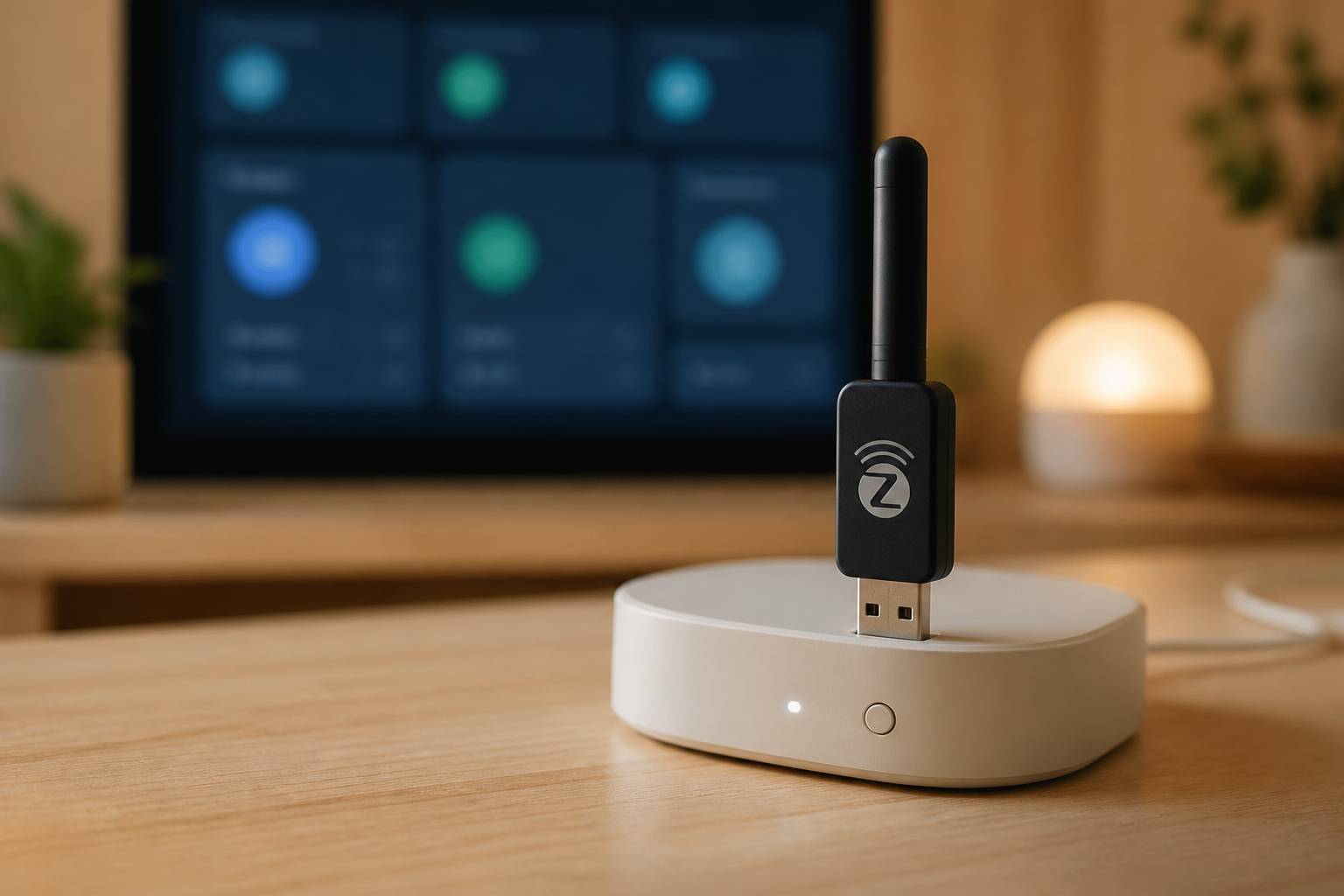 Antenne USB Z-Wave branchée près d'un hub domotique avec interface de contrôle sur écran