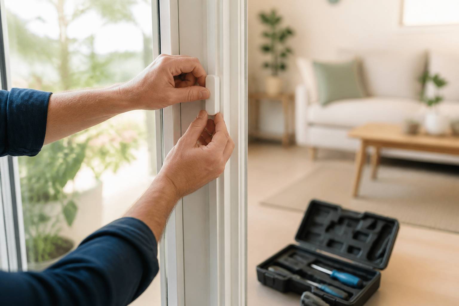 Mains posant un capteur blanc sur le cadre d'une fenêtre
