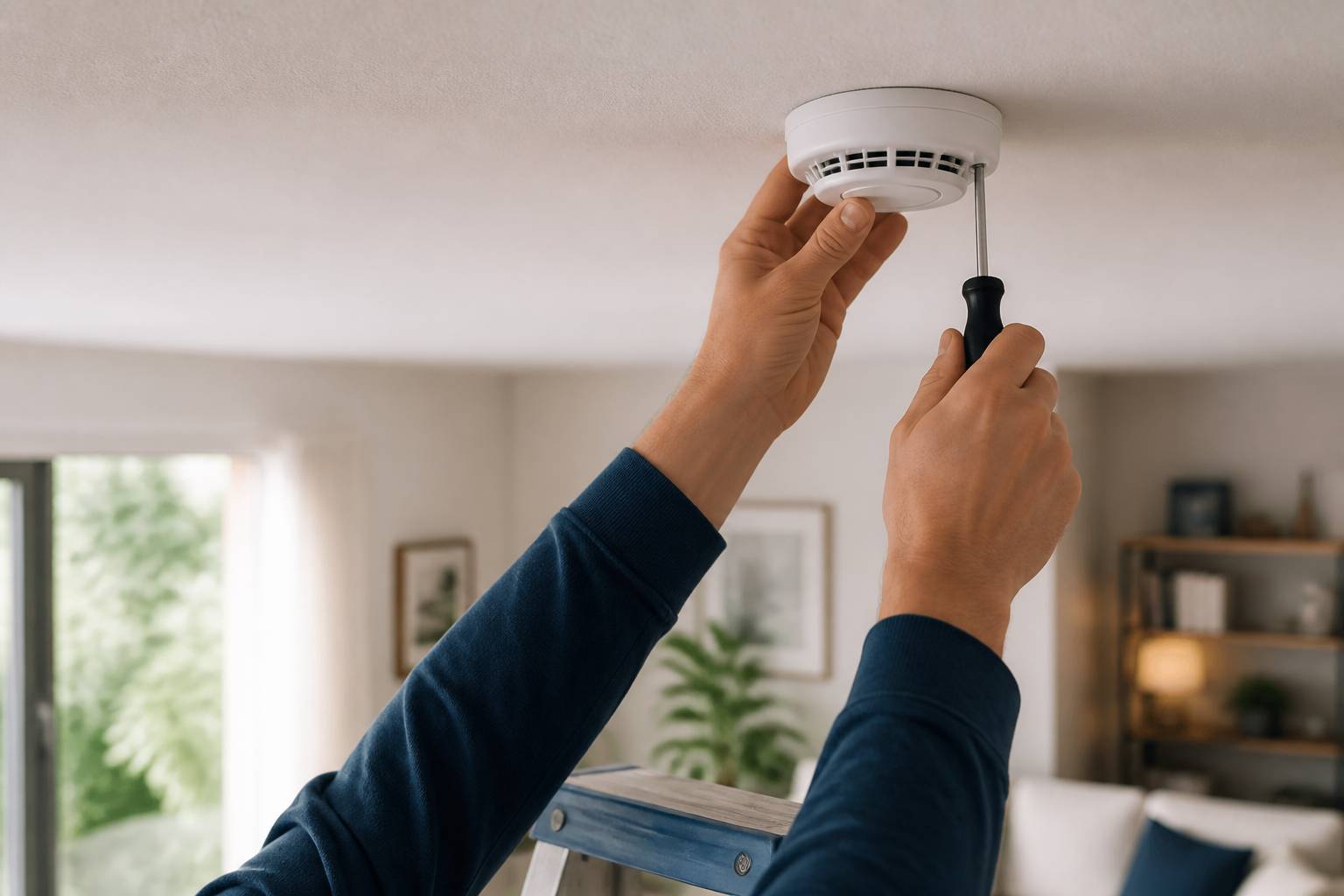 Mains installant un détecteur de fumée rond sur un plafond
