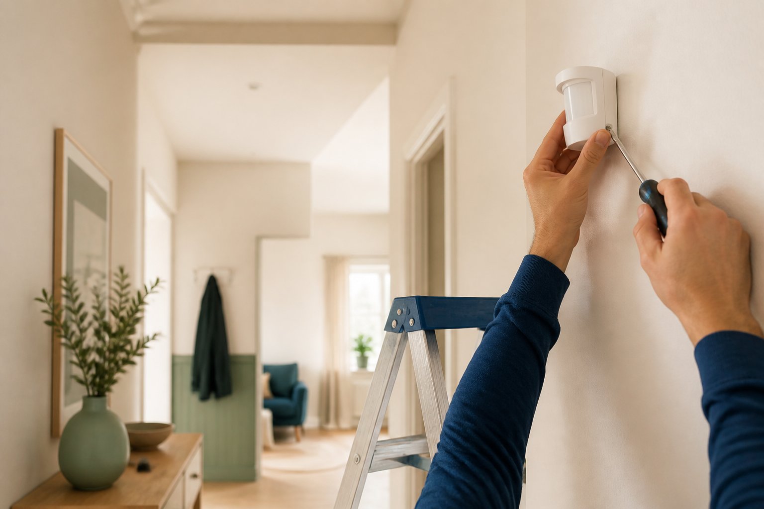 Mains fixant un détecteur de mouvement sur un mur de couloir avec un tournevis