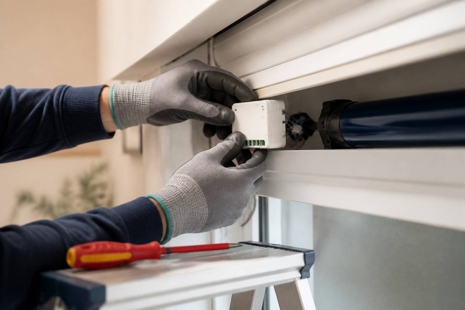 Mains gantées installant un petit module de commande près du moteur d'un volet roulant