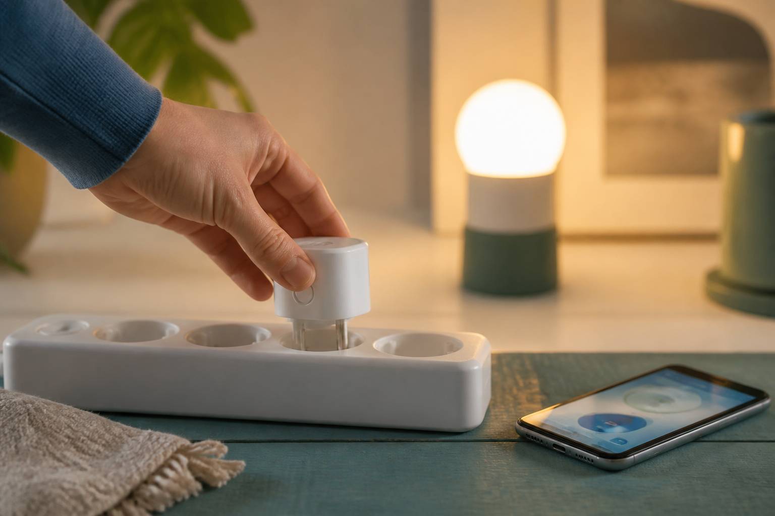 Main branchant une prise connectée blanche avec une ampoule allumée