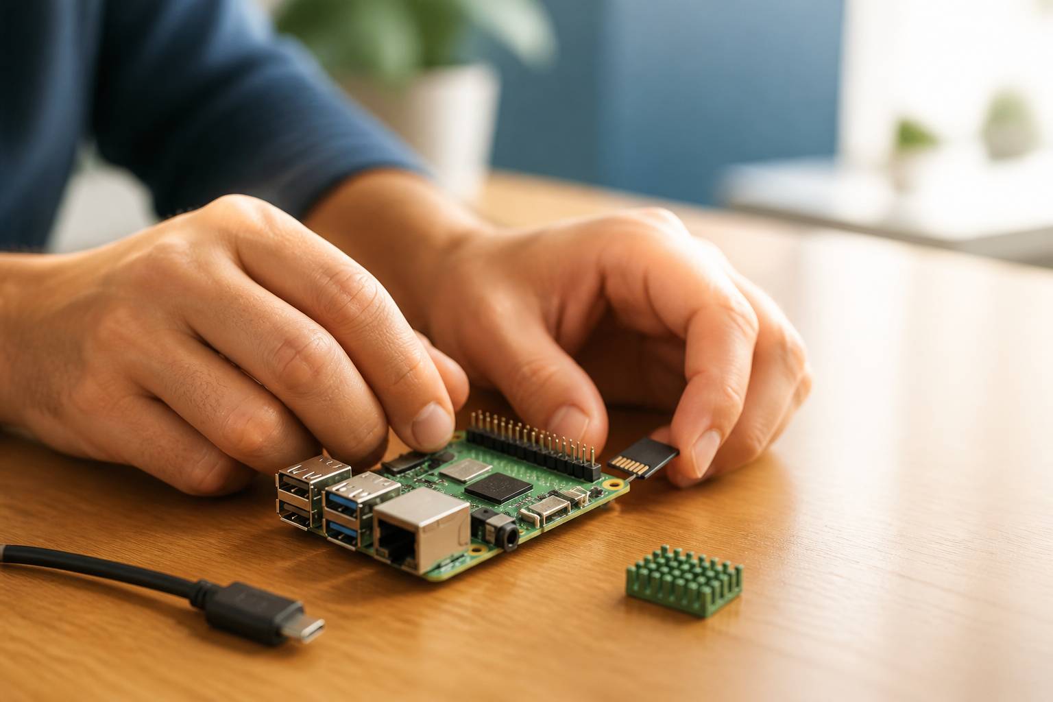 Mains insérant une carte microSD dans un Raspberry Pi sur une table