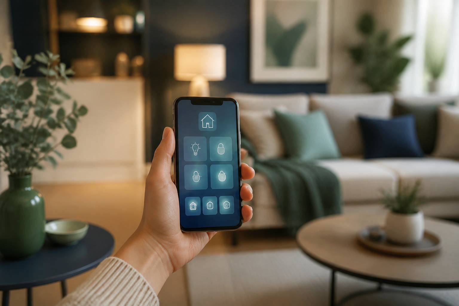 Main tenant un smartphone avec application de domotique