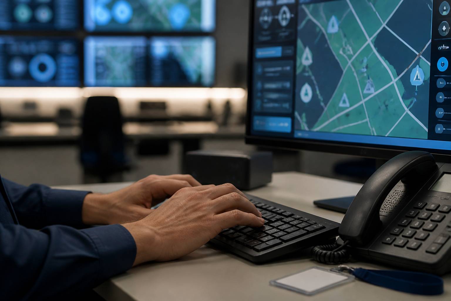 Mains sur un clavier devant un écran de supervision