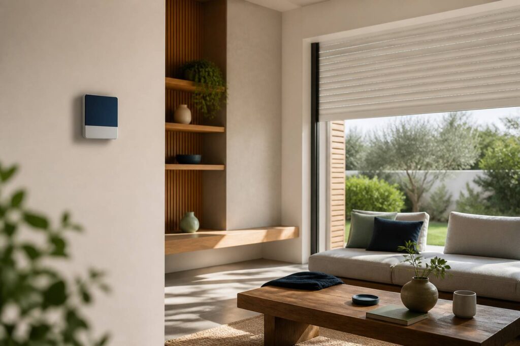 Volet roulant connecté avec module domotique dans une maison moderne et lumineuse