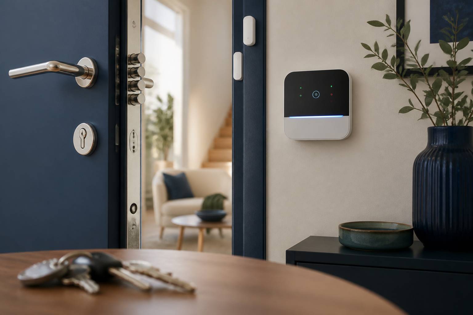 Panneau de contrôle d'alarme avec serrure multipoints et capteurs dans une entrée