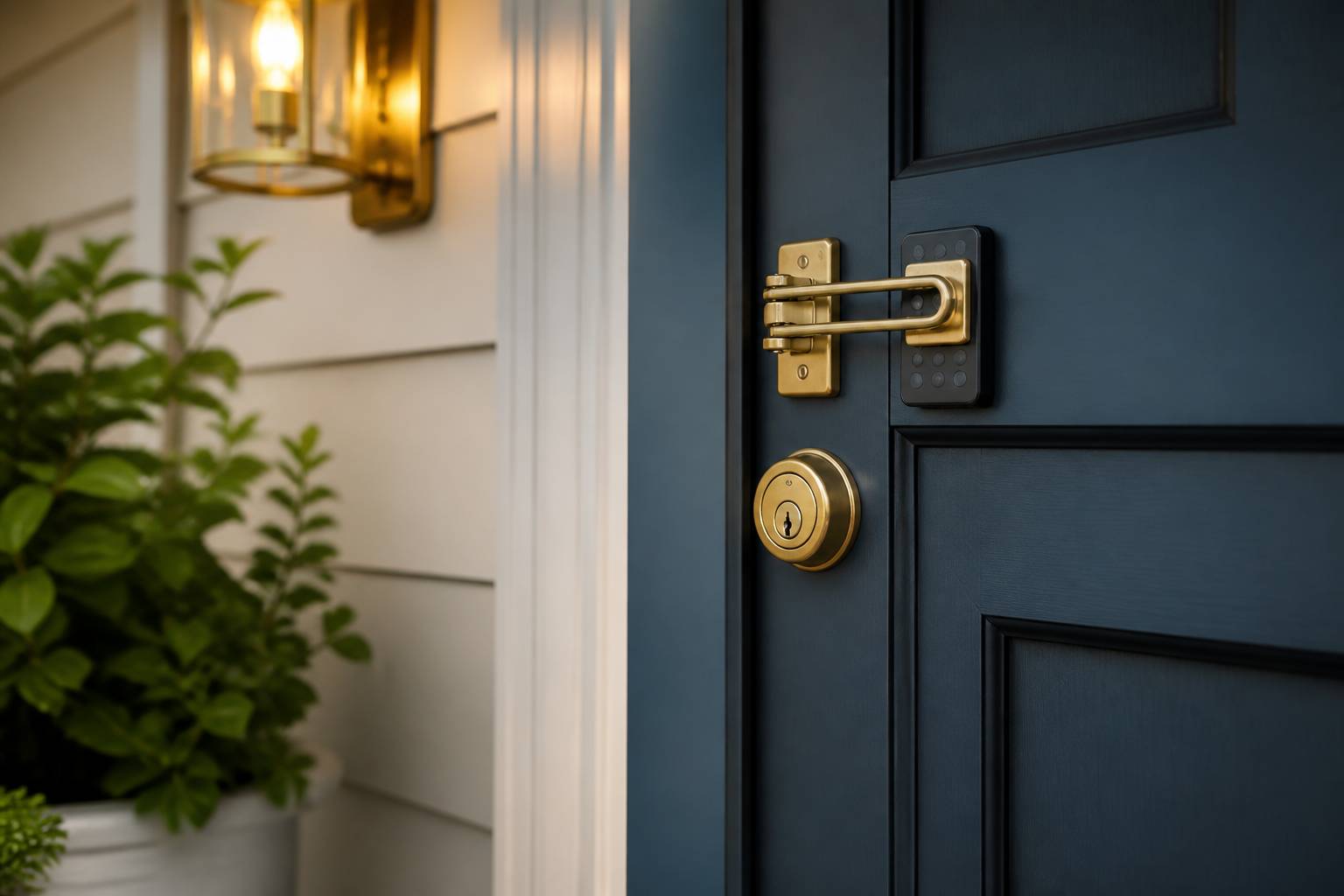 Porte d'entrée sécurisée avec cylindre de serrure, verrou en laiton et clavier de code
