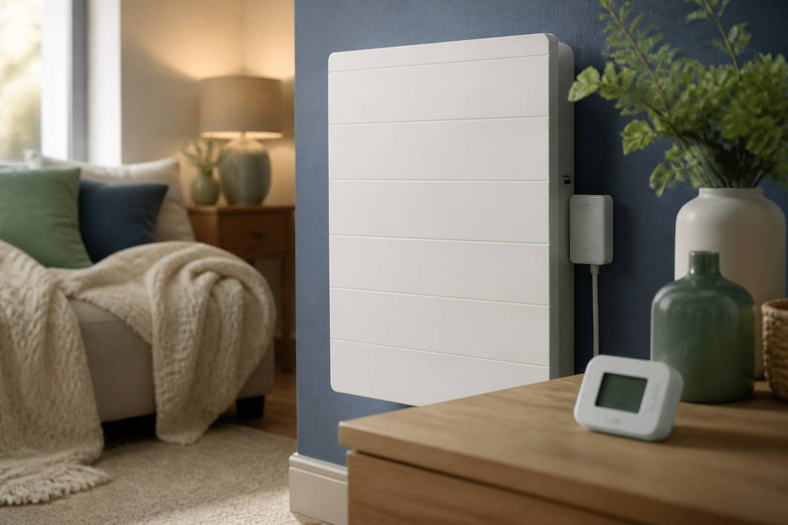 Radiateur électrique avec boîtier de commande et thermomètre dans un salon cosy