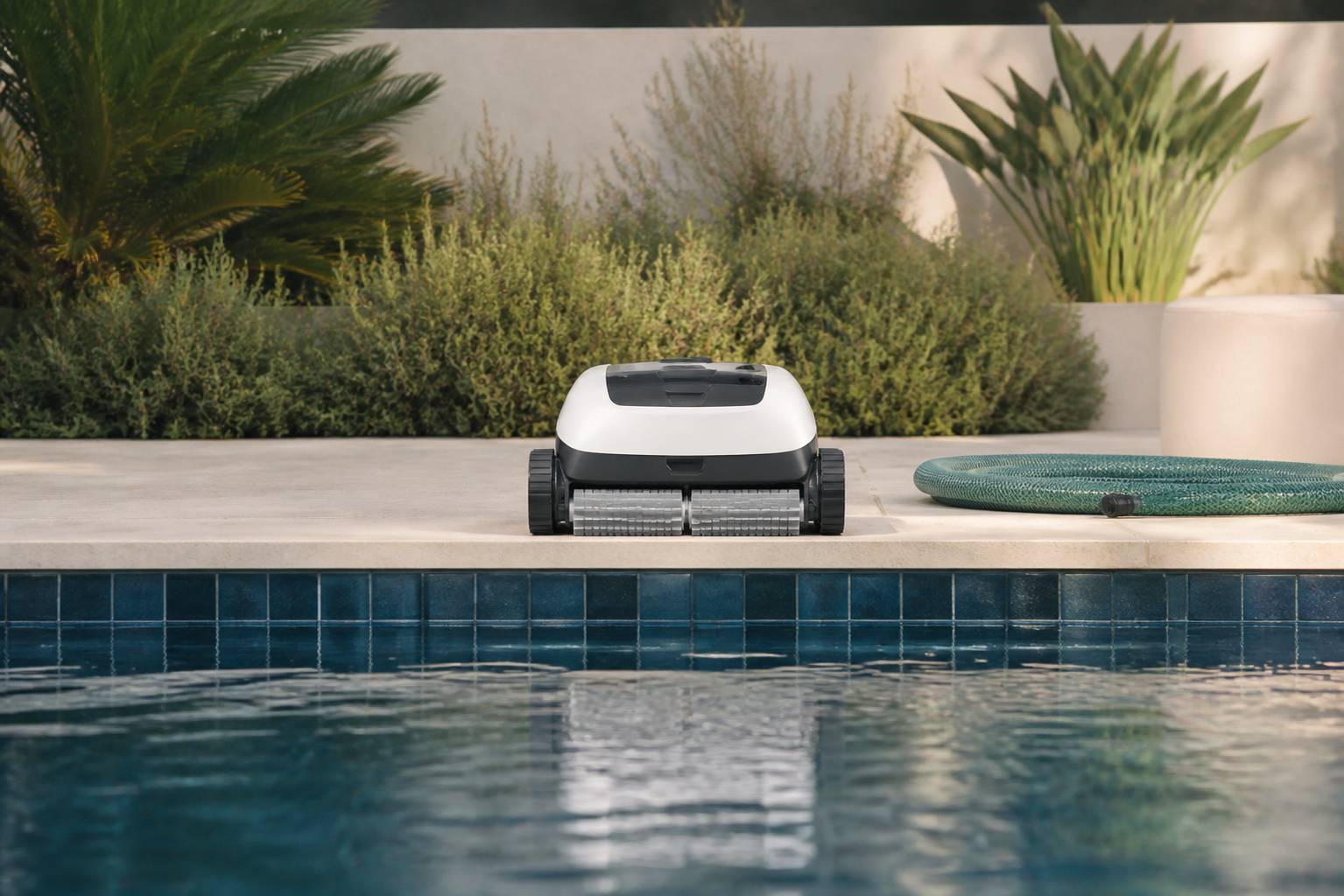 Robot de piscine posé sur la plage de service près de la ligne d'eau