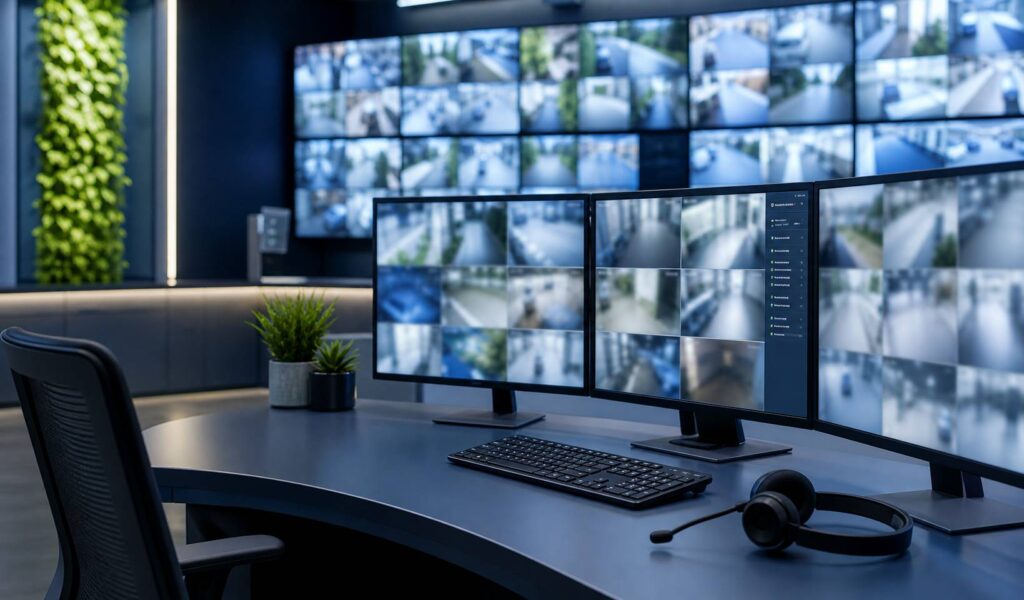 Salle de télésurveillance avec écrans de supervision
