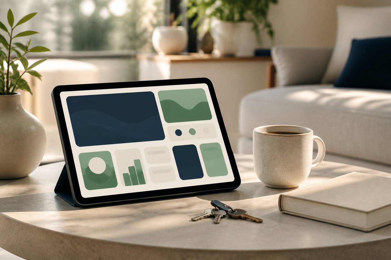 Tablette avec tableau de bord domotique sur table basse