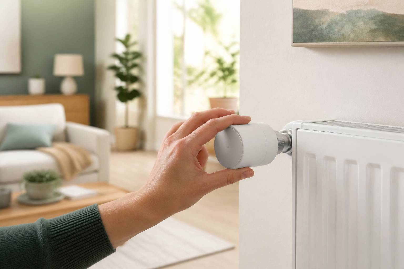 Main réglant une tête thermostatique connectée sur un radiateur