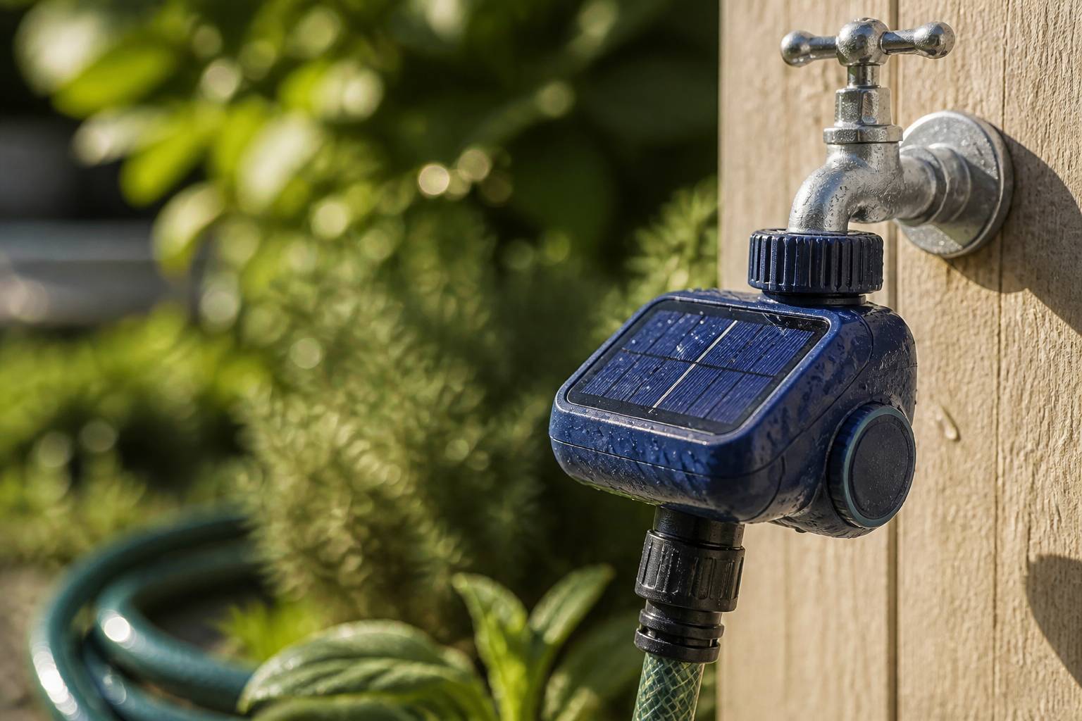 Vanne connectée avec panneau solaire et tuyau d'arrosage
