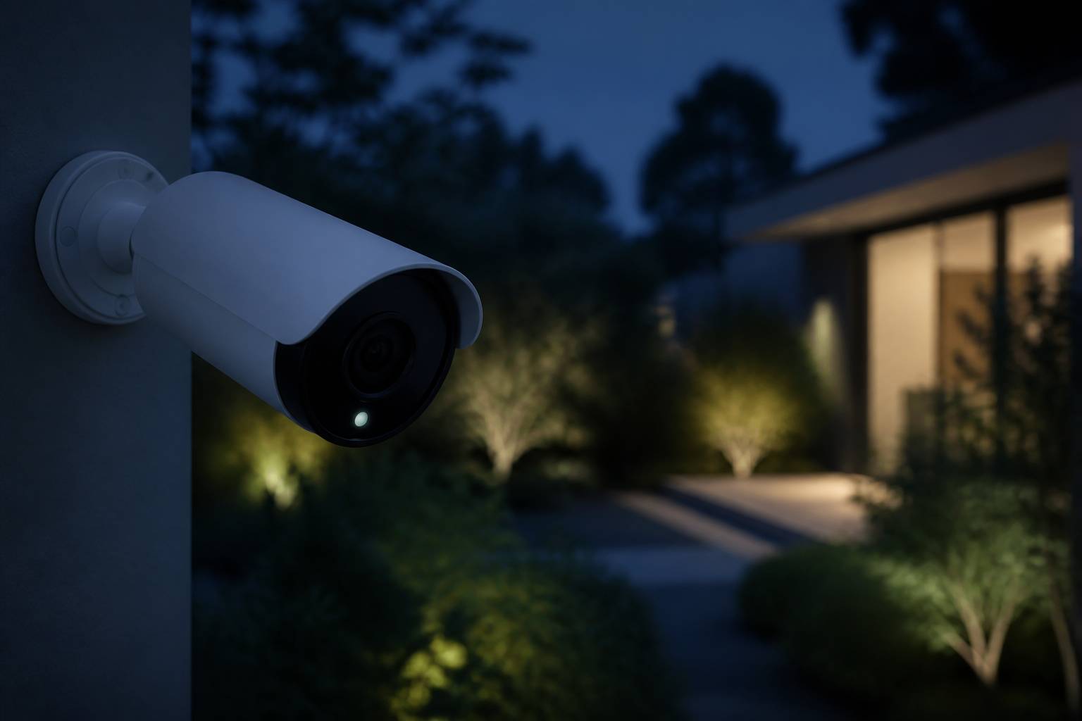 Caméra de surveillance illuminant un jardin la nuit