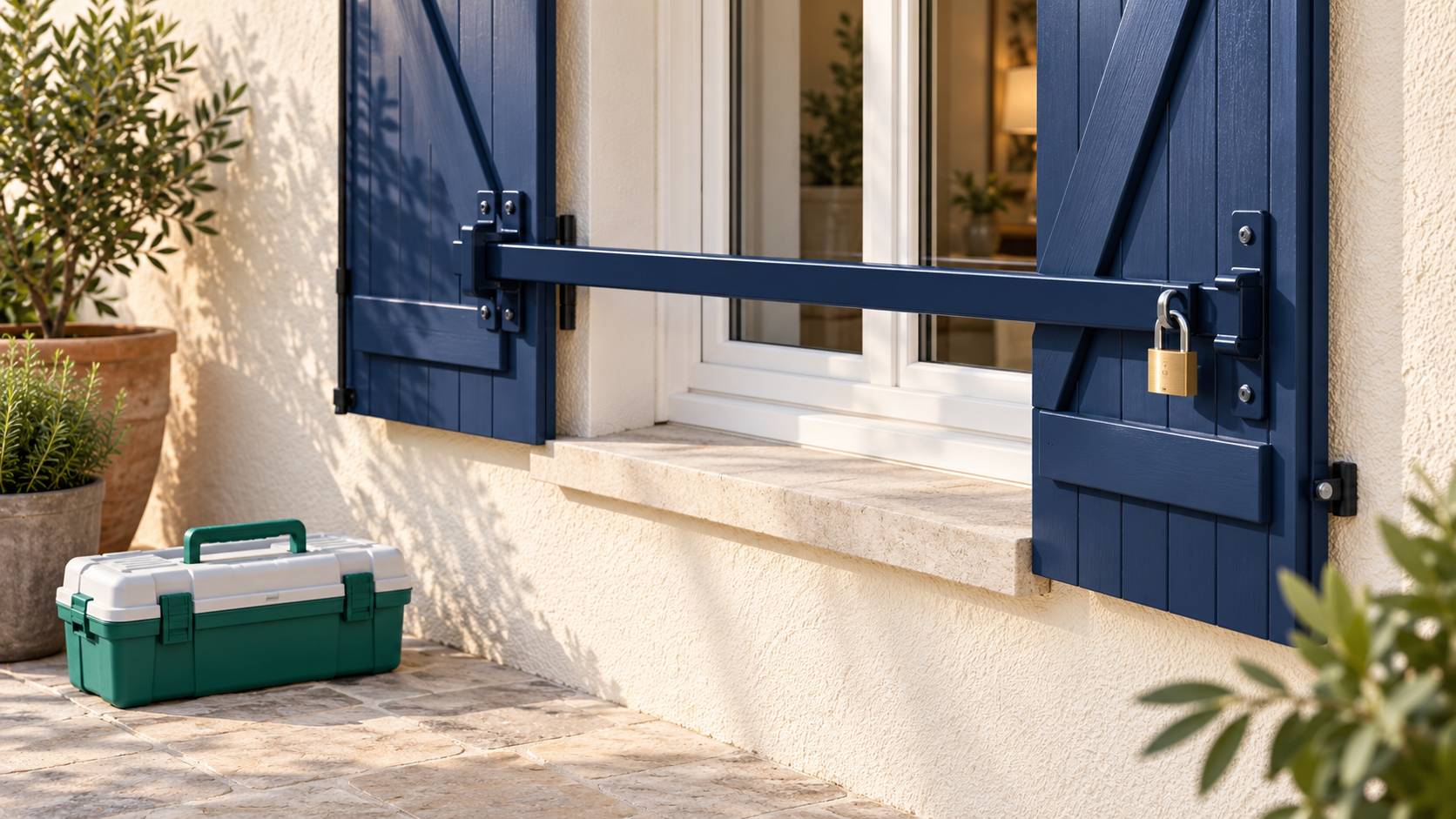 Barre de protection metallique et fixations devant un volet battant ouvert