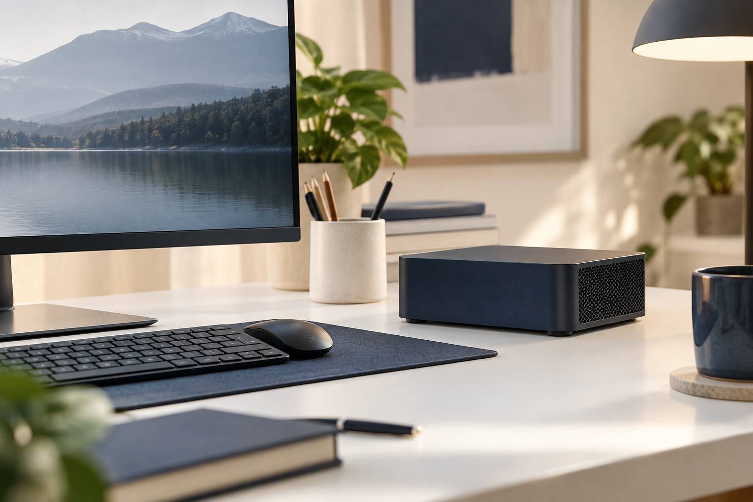 Mini-ordinateur générique près d'un clavier neutre dans un coin bureau
