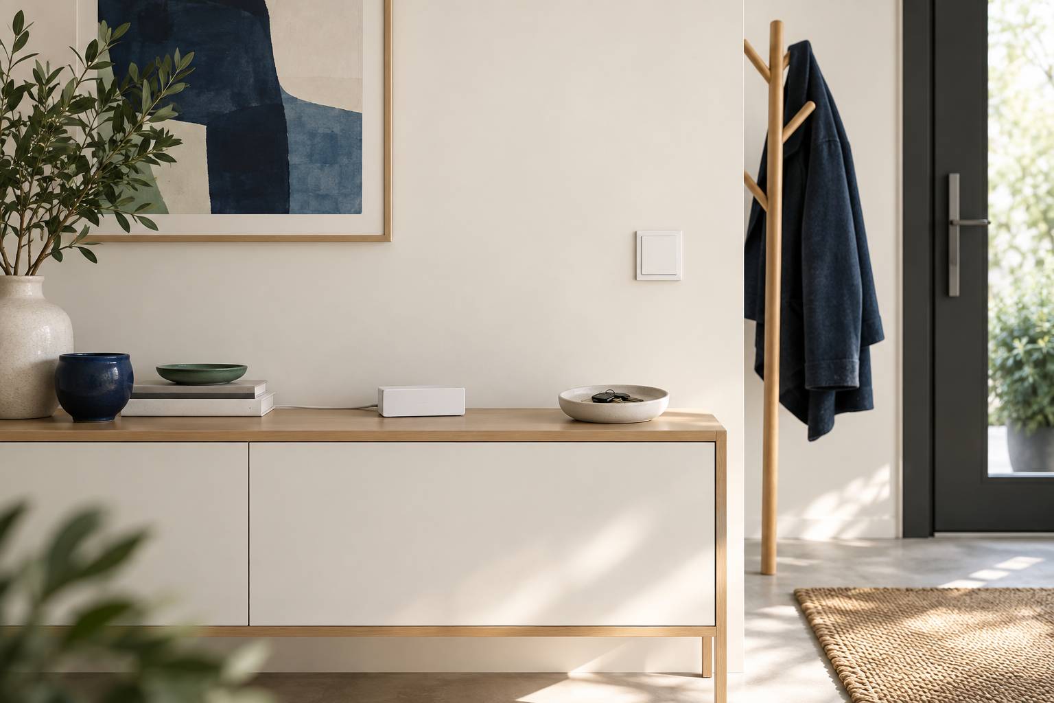 Boîtier domotique discret sur un meuble d'entrée avec câblage
