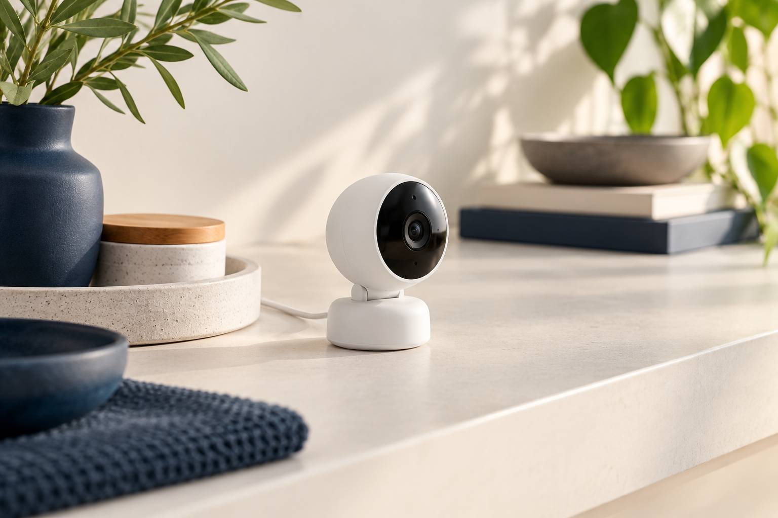 Camera de surveillance neutre posee sur un plan de travail clair