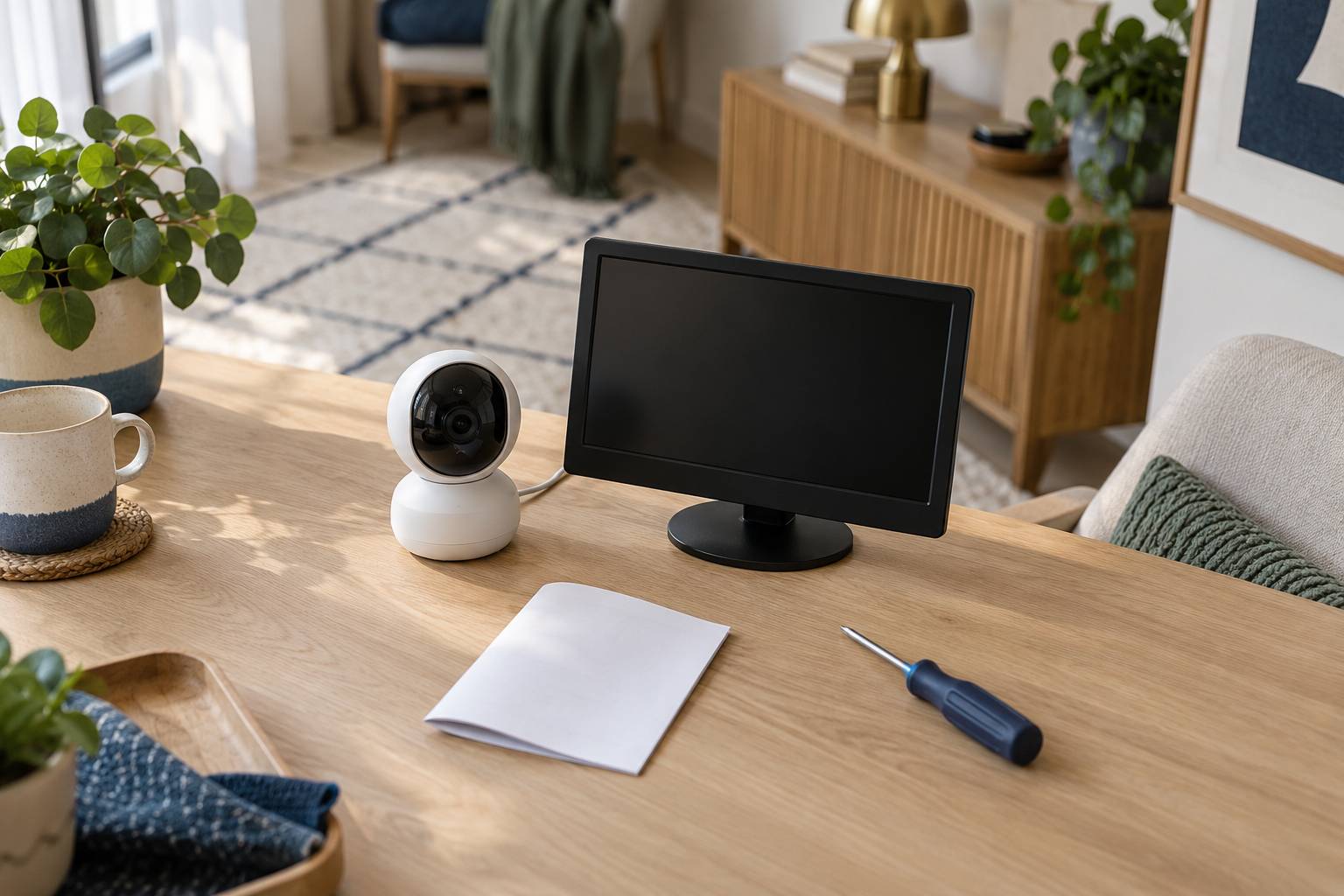 Camera de surveillance generique posee sur une table avec un ecran eteint