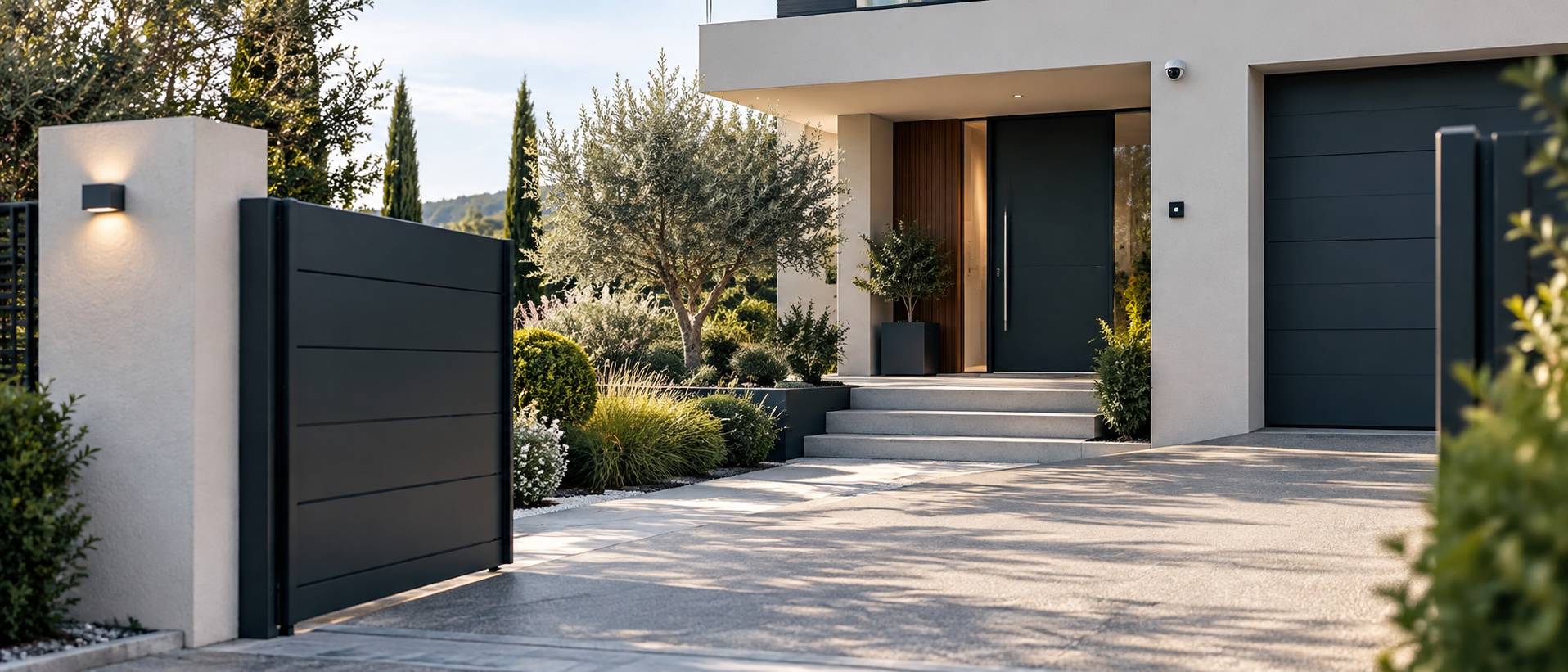 Caméra de surveillance fixée sous l'avant-toit d'une maison avec jardin