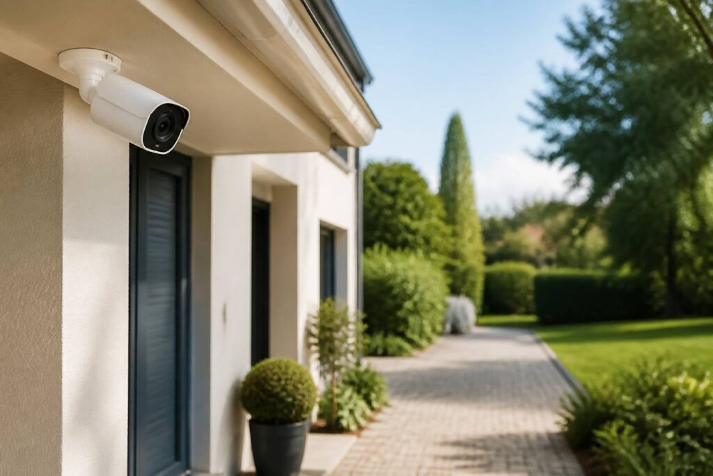 Caméra de surveillance blanche fixée sous l'avant-toit d'une maison