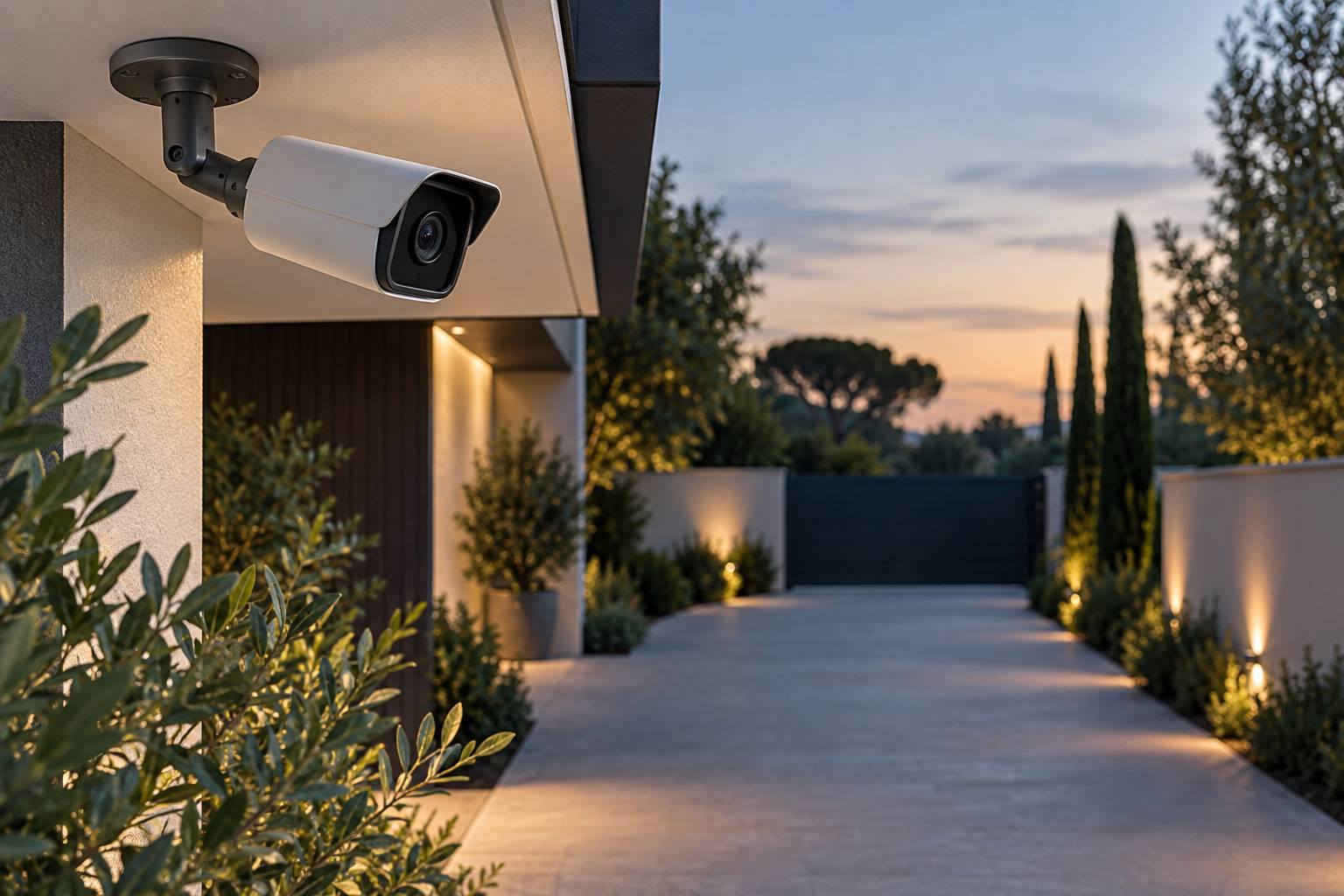 Camera de surveillance generique sous un auvent orientee vers une allee