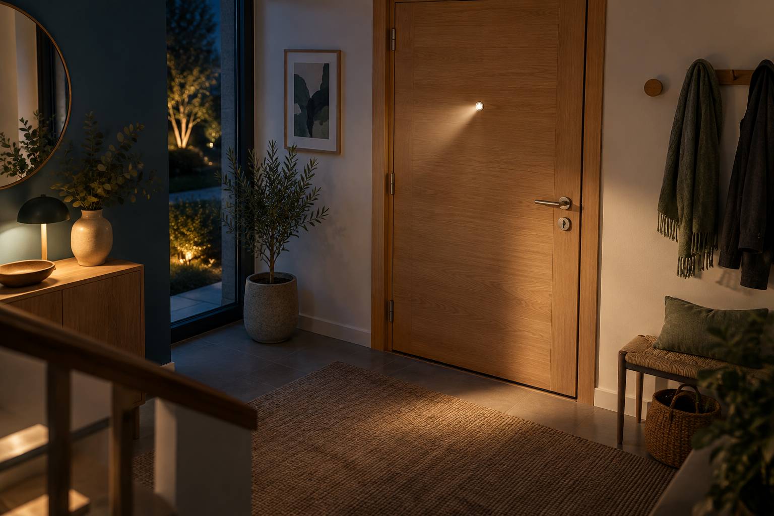 Serrure d'une porte d'entrée en bois clair vue de l'intérieur, sans clé, lumière tamisée