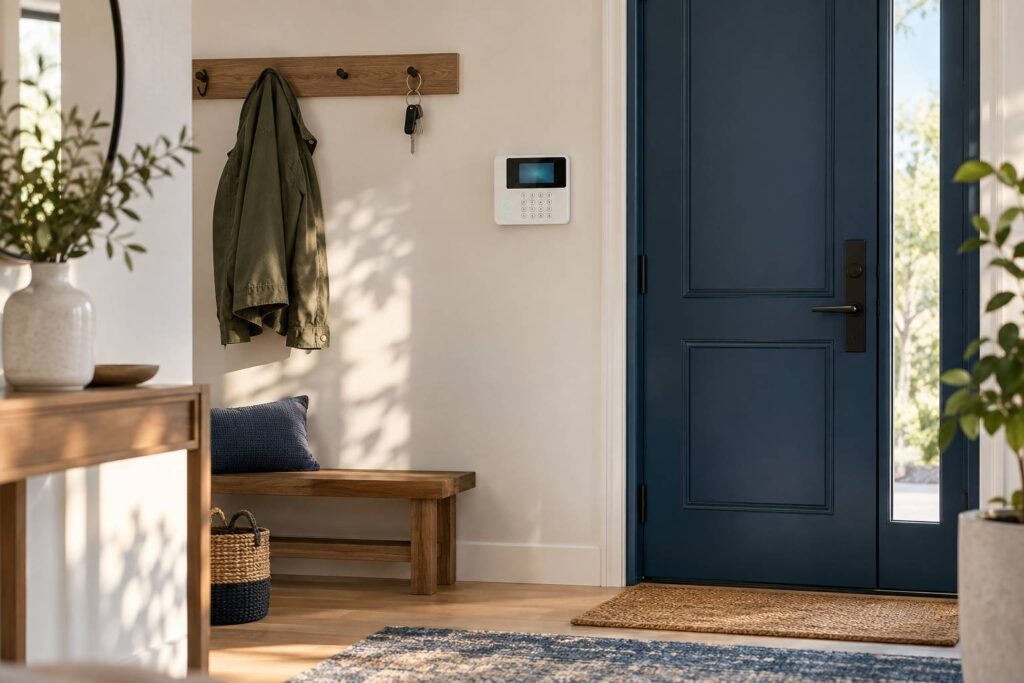 Clavier d'alarme domestique anonyme fixé au mur près d'une porte d'entrée